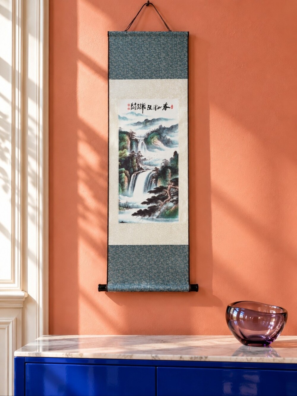 Chinese Landscape Waterfall Hanging Scroll Mountain Silk-Style Art 37x12